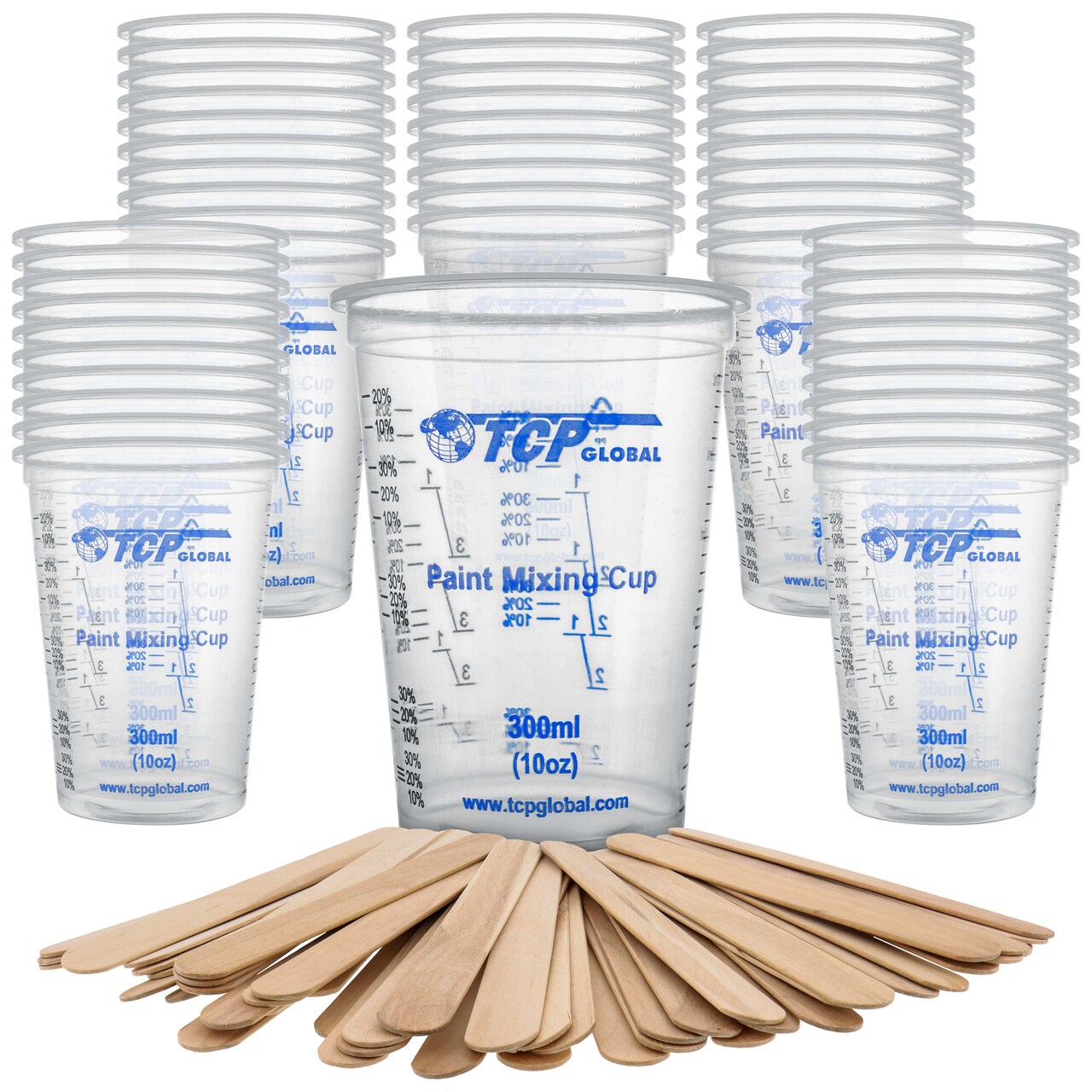10 oz. (300ml) Graduated Plastic Mixing Cups - Box of 50 with 50 Mixing Sticks - Disposable Plastic Measuring Cups for Liquids, Paints, Resin, Epoxy, Art, Kitchen - Ratios 2-1, 3-1, 4-1 ML